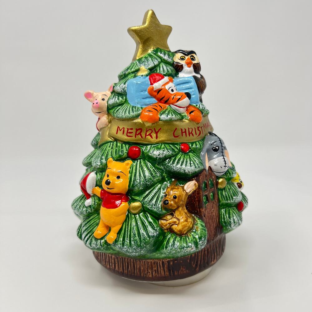 Vintage 70s Winnie the Pooh Ceramic Christmas Tree Music Box Walt Disney Taiwan